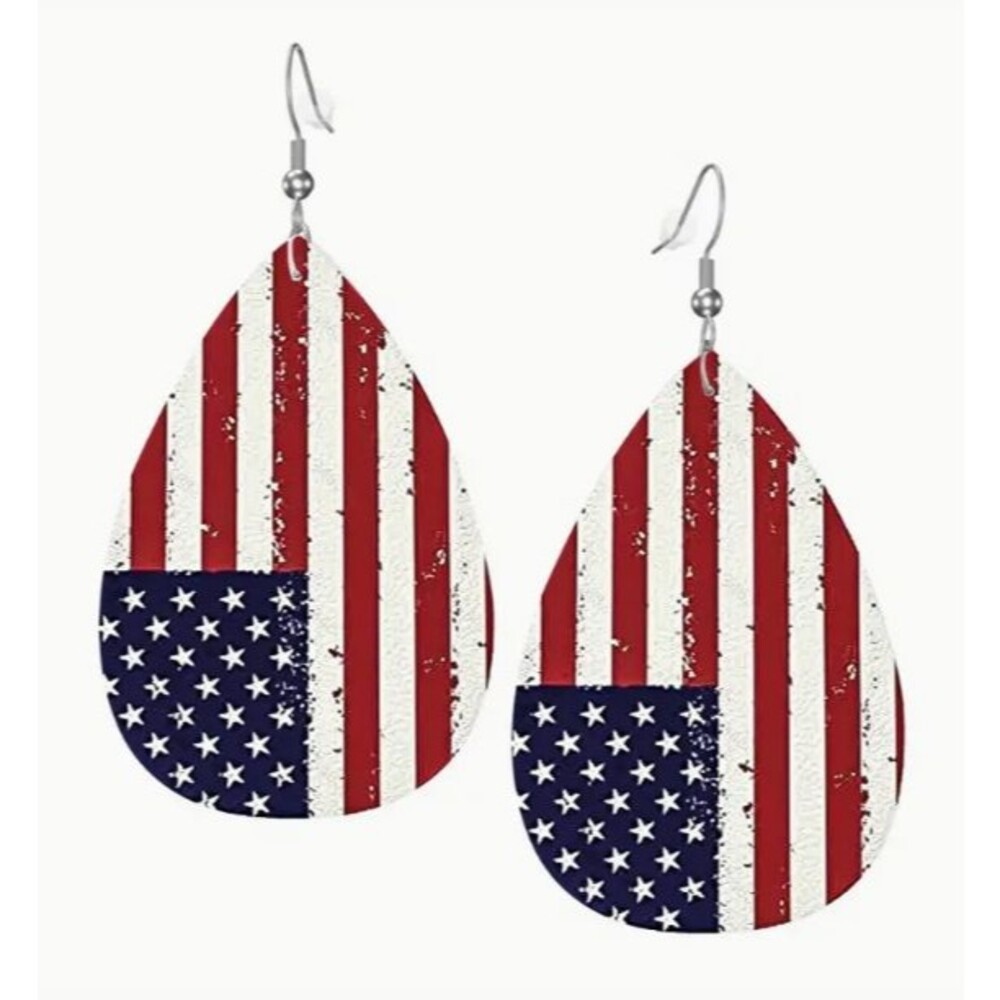 American Flag Faux Leather Earrings Star Print Teardrop Dangle NEW